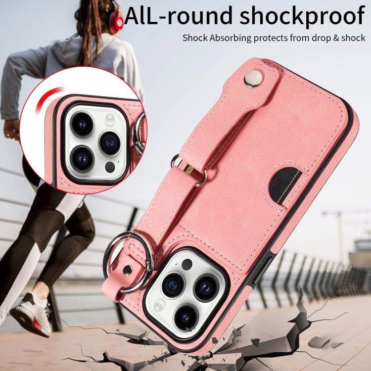 For iPhone 15 Pro Calf Texture Wrist Card Slot Ring Phone Case(Pink) - HoMEdemic™ 