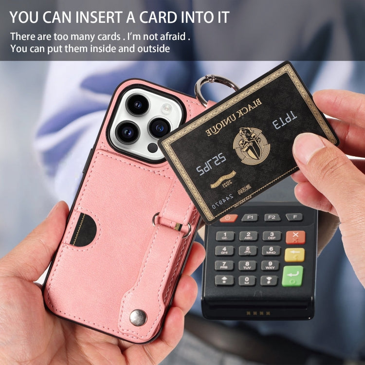 For iPhone 15 Pro Calf Texture Wrist Card Slot Ring Phone Case(Pink) - HoMEdemic™ 