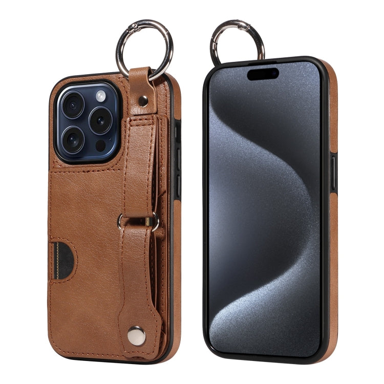 For iPhone 15 Pro Calf Texture Wrist Card Slot Ring Phone Case(Brown) - HoMEdemic™ 
