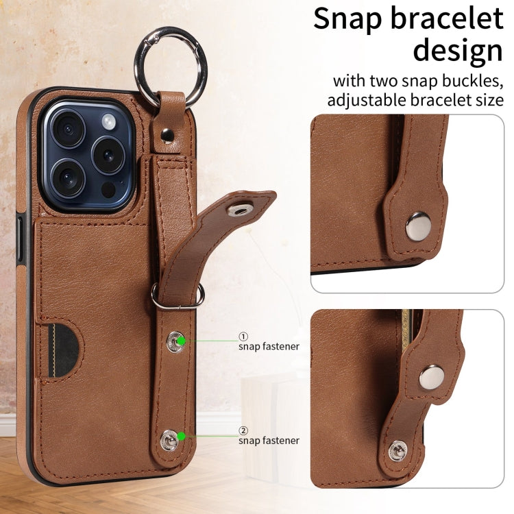 For iPhone 15 Pro Calf Texture Wrist Card Slot Ring Phone Case(Brown) - HoMEdemic™ 