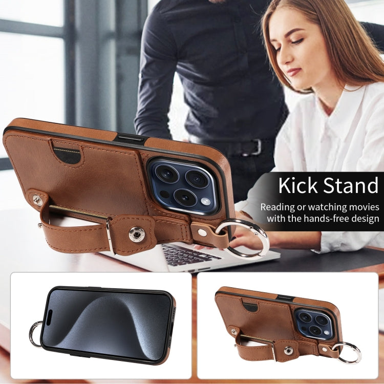 For iPhone 15 Pro Calf Texture Wrist Card Slot Ring Phone Case(Brown) - HoMEdemic™ 