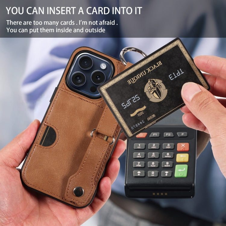 For iPhone 15 Pro Calf Texture Wrist Card Slot Ring Phone Case(Brown) - HoMEdemic™ 