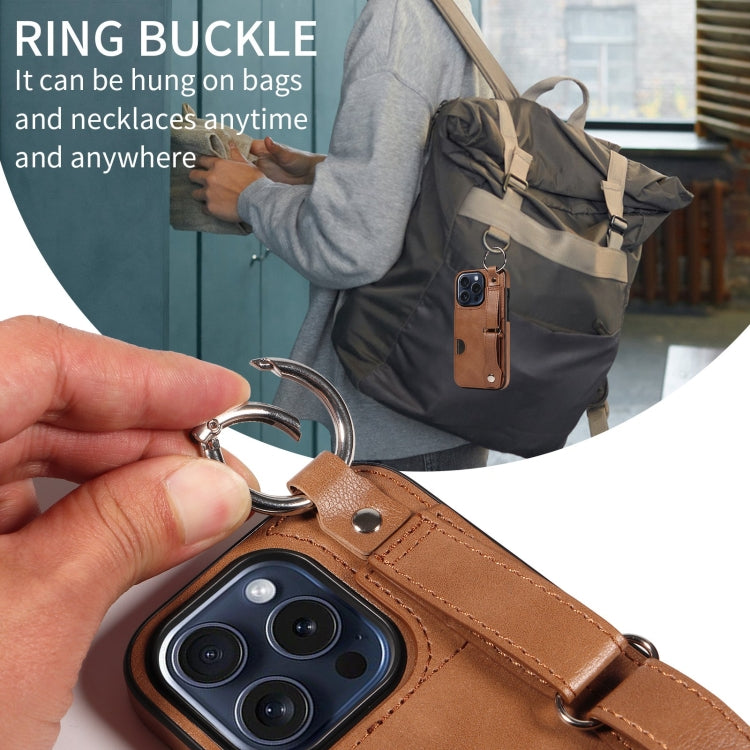 For iPhone 15 Pro Calf Texture Wrist Card Slot Ring Phone Case(Brown) - HoMEdemic™ 