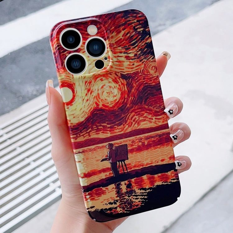 For iPhone 15 Pro Precise Hole Oil Painting Pattern PC Phone Case(Sunset) - HoMEdemic™ 