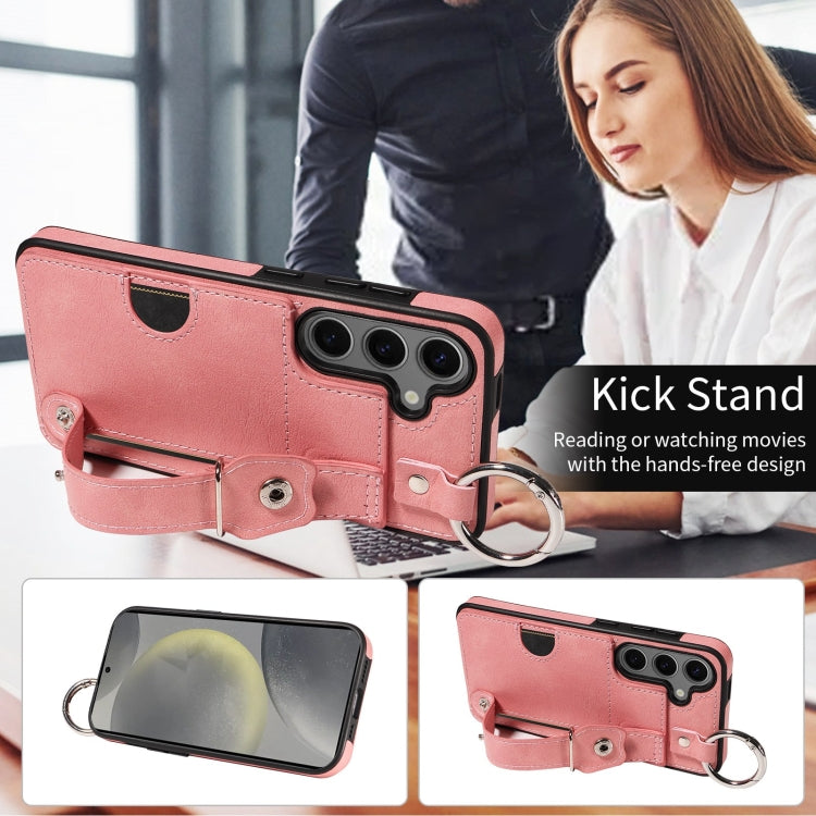 For Samsung Galaxy S24 5G Calf Texture Wrist Card Slot Ring Phone Case(Pink) - HoMEdemic™ 