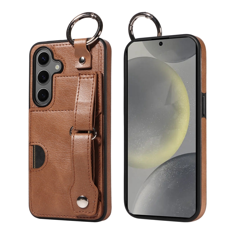 For Samsung Galaxy S24 5G Calf Texture Wrist Card Slot Ring Phone Case(Brown) - HoMEdemic™ 