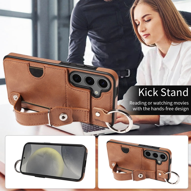 For Samsung Galaxy S24 5G Calf Texture Wrist Card Slot Ring Phone Case(Brown) - HoMEdemic™ 