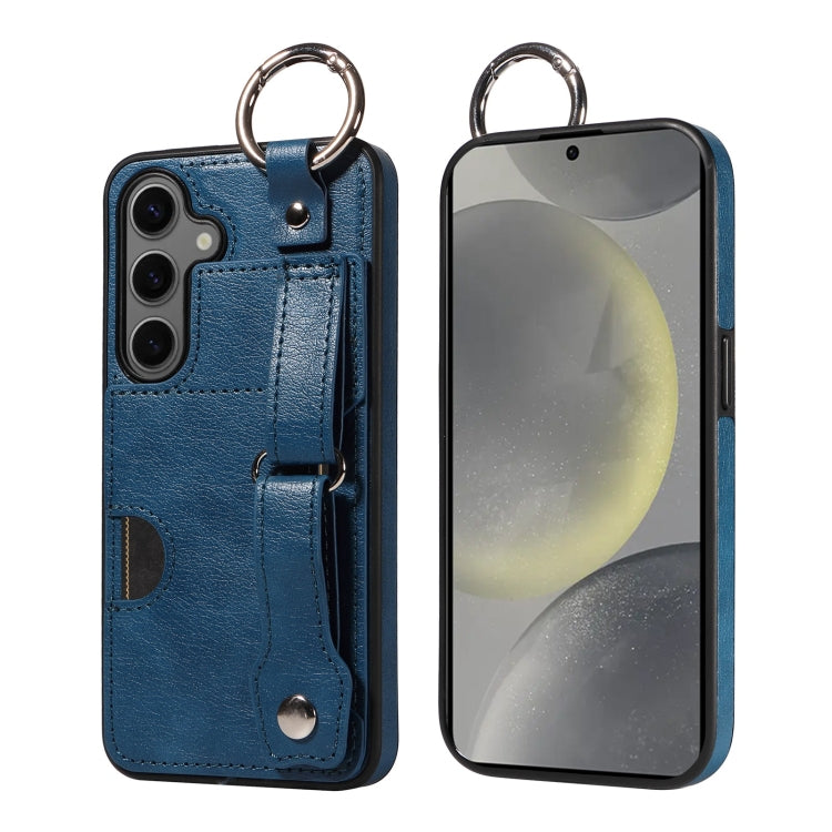 For Samsung Galaxy S24 5G Calf Texture Wrist Card Slot Ring Phone Case(Blue) - HoMEdemic™ 