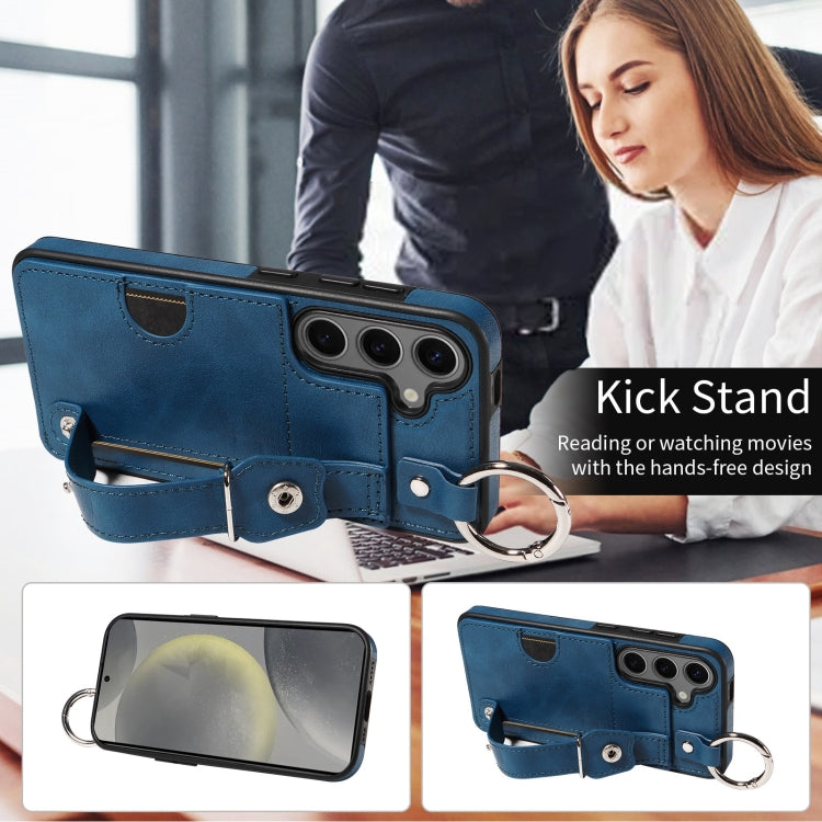 For Samsung Galaxy S24 5G Calf Texture Wrist Card Slot Ring Phone Case(Blue) - HoMEdemic™ 