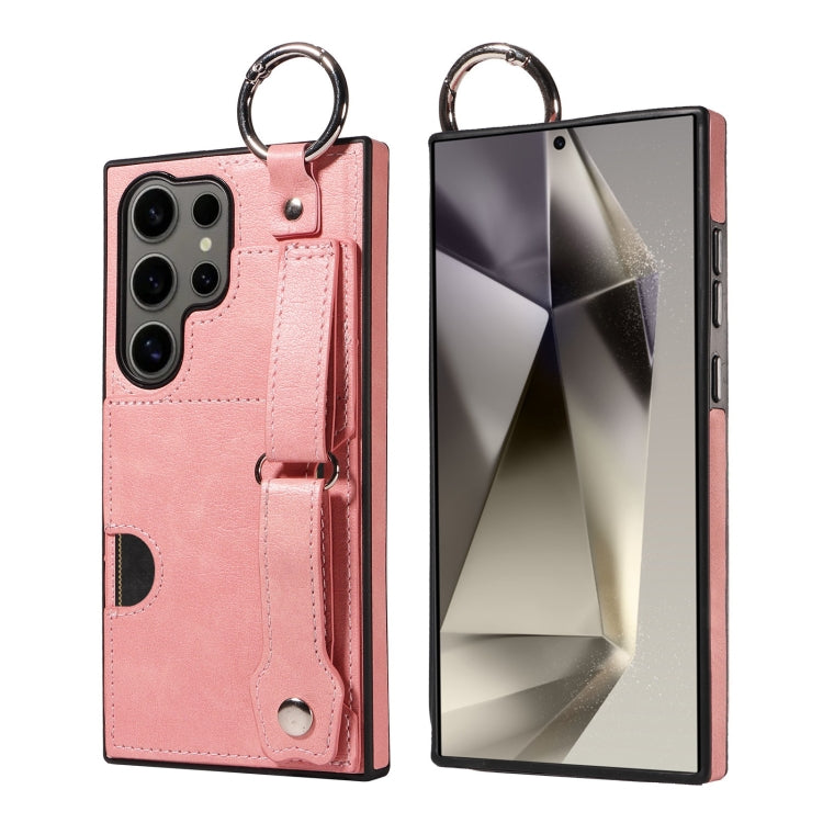 For Samsung Galaxy S24 Ultra 5G Calf Texture Wrist Card Slot Ring Phone Case(Pink) - HoMEdemic™ 