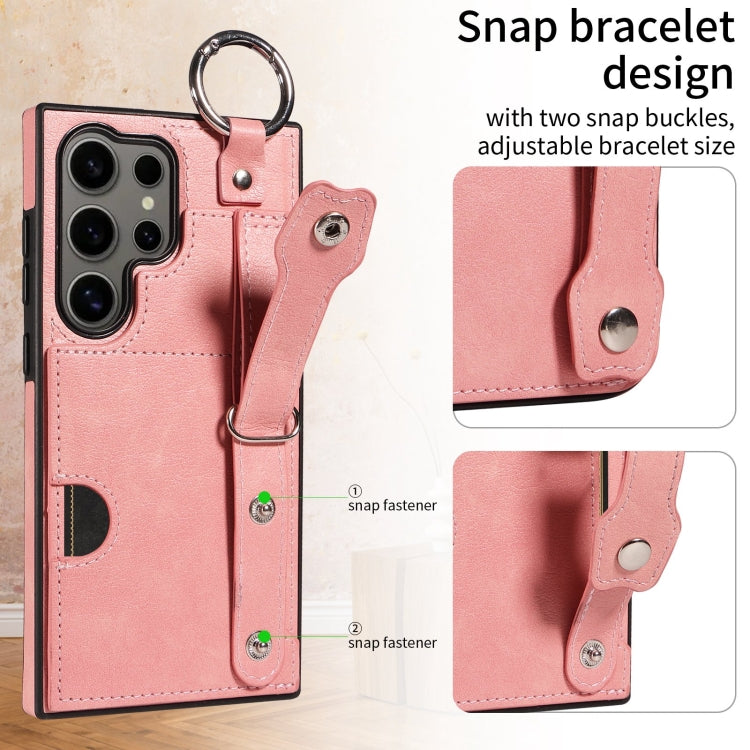 For Samsung Galaxy S24 Ultra 5G Calf Texture Wrist Card Slot Ring Phone Case(Pink) - HoMEdemic™ 