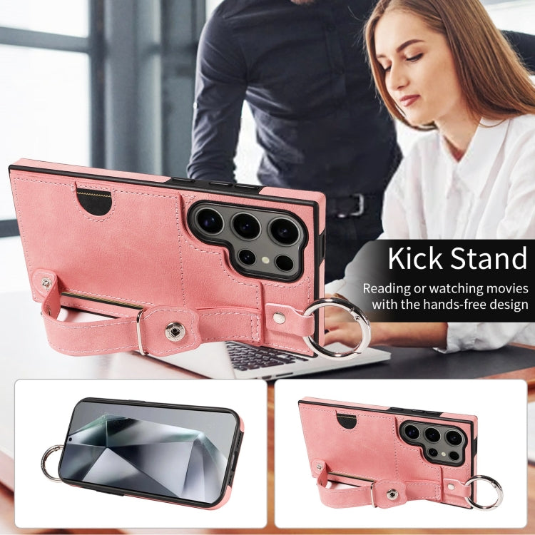 For Samsung Galaxy S24 Ultra 5G Calf Texture Wrist Card Slot Ring Phone Case(Pink) - HoMEdemic™ 