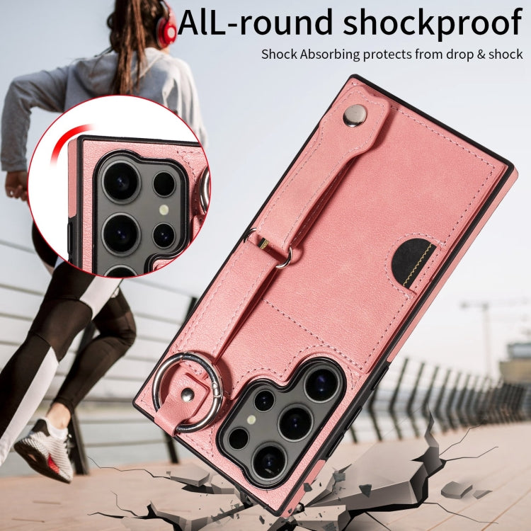 For Samsung Galaxy S24 Ultra 5G Calf Texture Wrist Card Slot Ring Phone Case(Pink) - HoMEdemic™ 