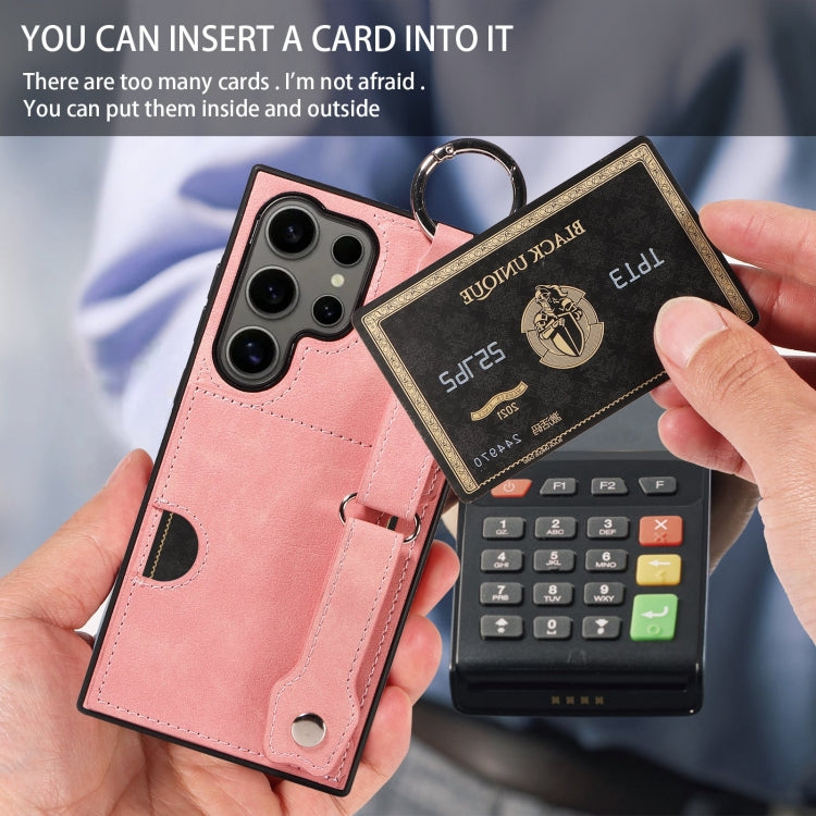 For Samsung Galaxy S24 Ultra 5G Calf Texture Wrist Card Slot Ring Phone Case(Pink) - HoMEdemic™ 