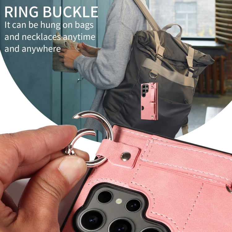 For Samsung Galaxy S24 Ultra 5G Calf Texture Wrist Card Slot Ring Phone Case(Pink) - HoMEdemic™ 