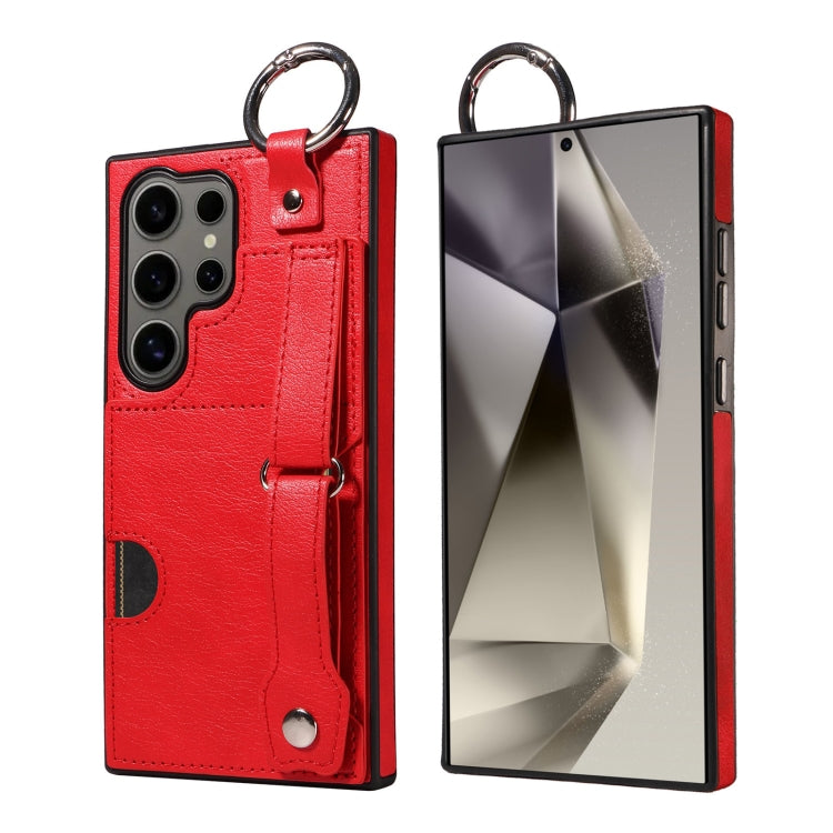 For Samsung Galaxy S24 Ultra 5G Calf Texture Wrist Card Slot Ring Phone Case(Red) - HoMEdemic™ 
