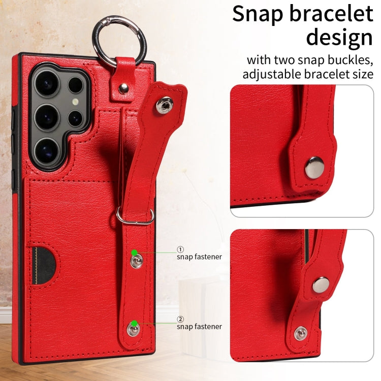 For Samsung Galaxy S24 Ultra 5G Calf Texture Wrist Card Slot Ring Phone Case(Red) - HoMEdemic™ 