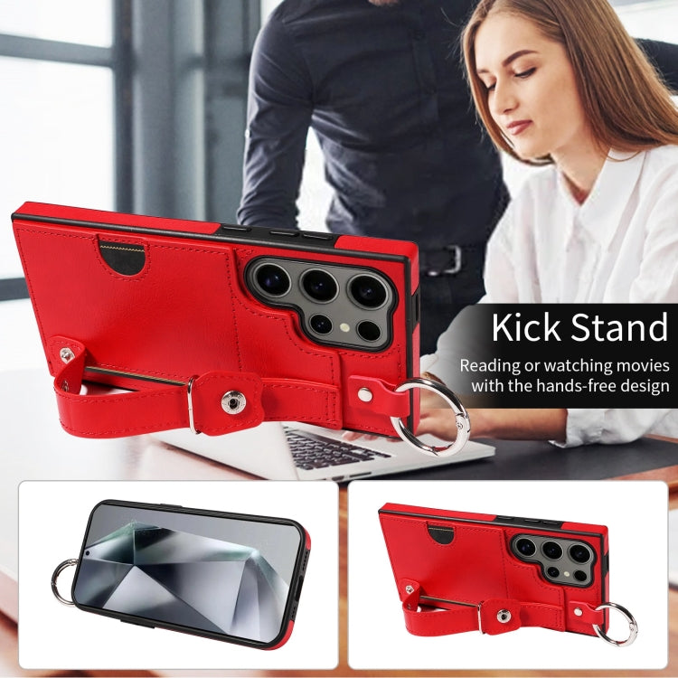 For Samsung Galaxy S24 Ultra 5G Calf Texture Wrist Card Slot Ring Phone Case(Red) - HoMEdemic™ 