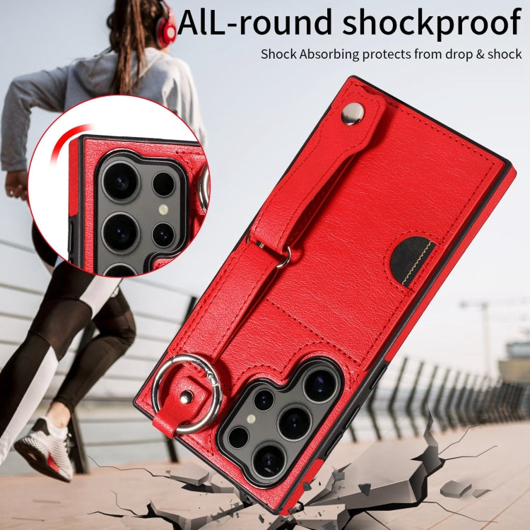 For Samsung Galaxy S24 Ultra 5G Calf Texture Wrist Card Slot Ring Phone Case(Red) - HoMEdemic™ 
