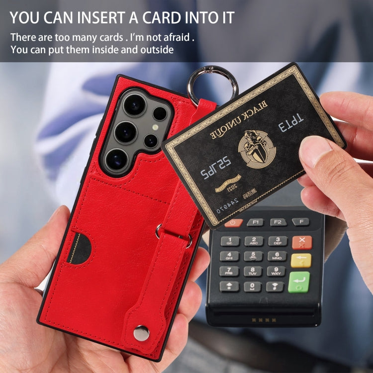 For Samsung Galaxy S24 Ultra 5G Calf Texture Wrist Card Slot Ring Phone Case(Red) - HoMEdemic™ 