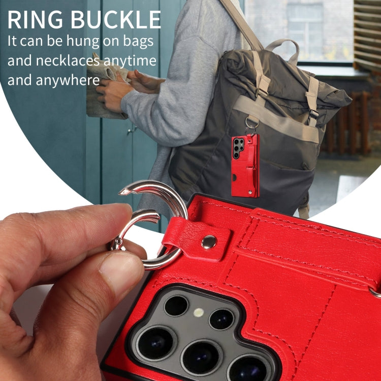 For Samsung Galaxy S24 Ultra 5G Calf Texture Wrist Card Slot Ring Phone Case(Red) - HoMEdemic™ 