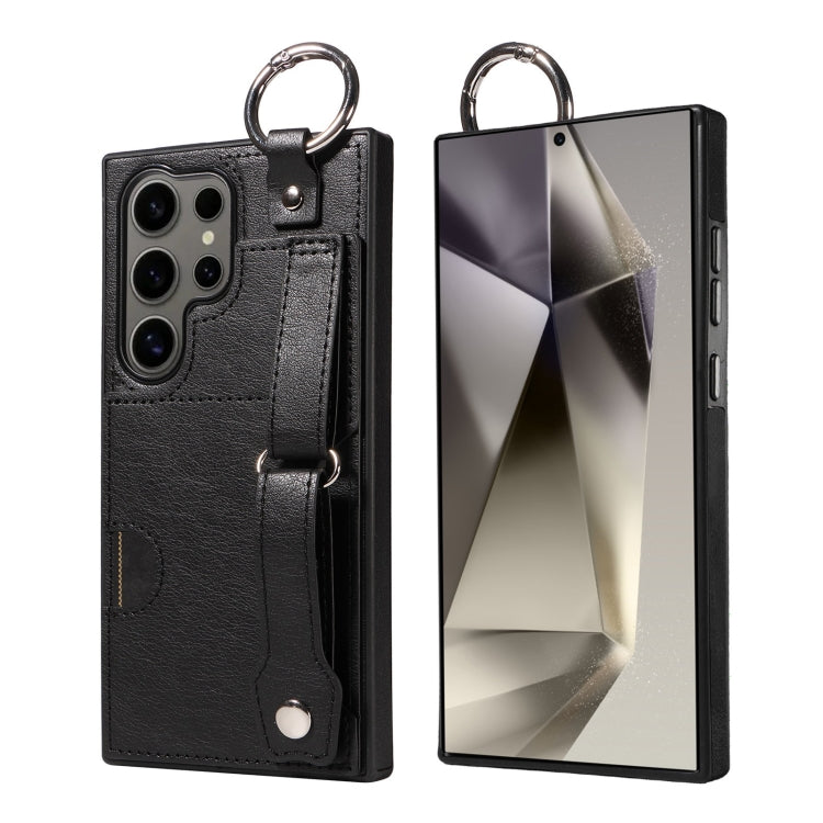 For Samsung Galaxy S24 Ultra 5G Calf Texture Wrist Card Slot Ring Phone Case(Black) - HoMEdemic™ 