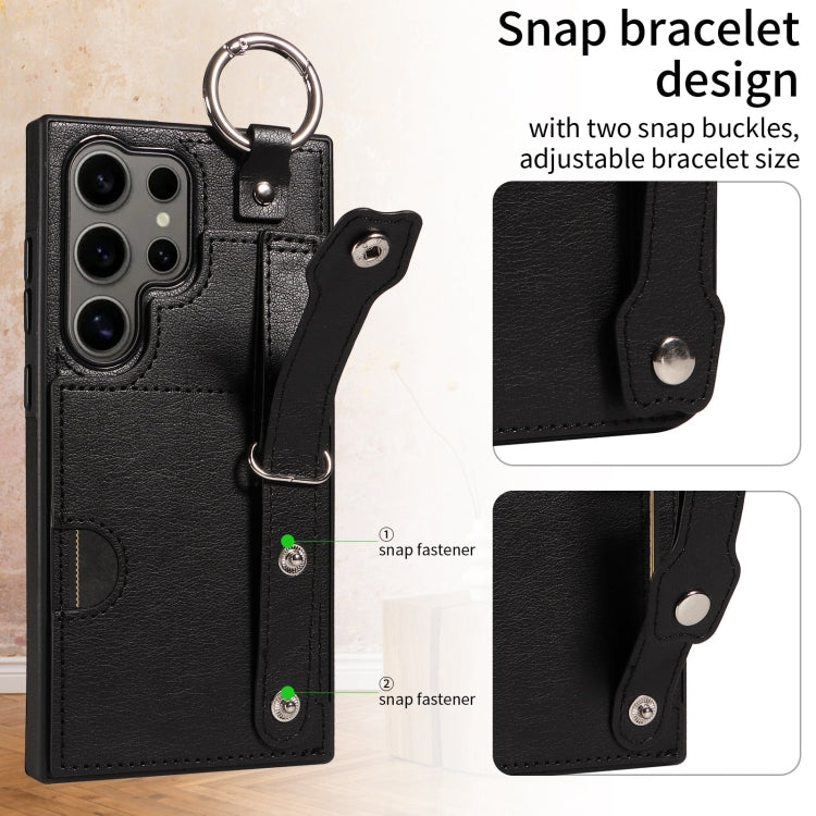 For Samsung Galaxy S24 Ultra 5G Calf Texture Wrist Card Slot Ring Phone Case(Black) - HoMEdemic™ 