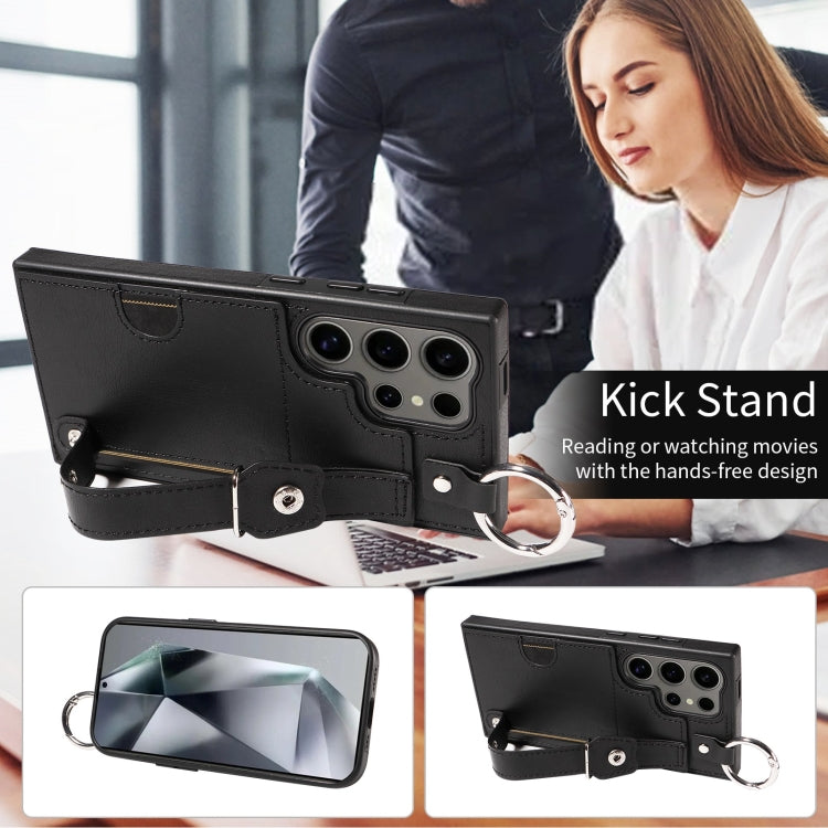 For Samsung Galaxy S24 Ultra 5G Calf Texture Wrist Card Slot Ring Phone Case(Black) - HoMEdemic™ 