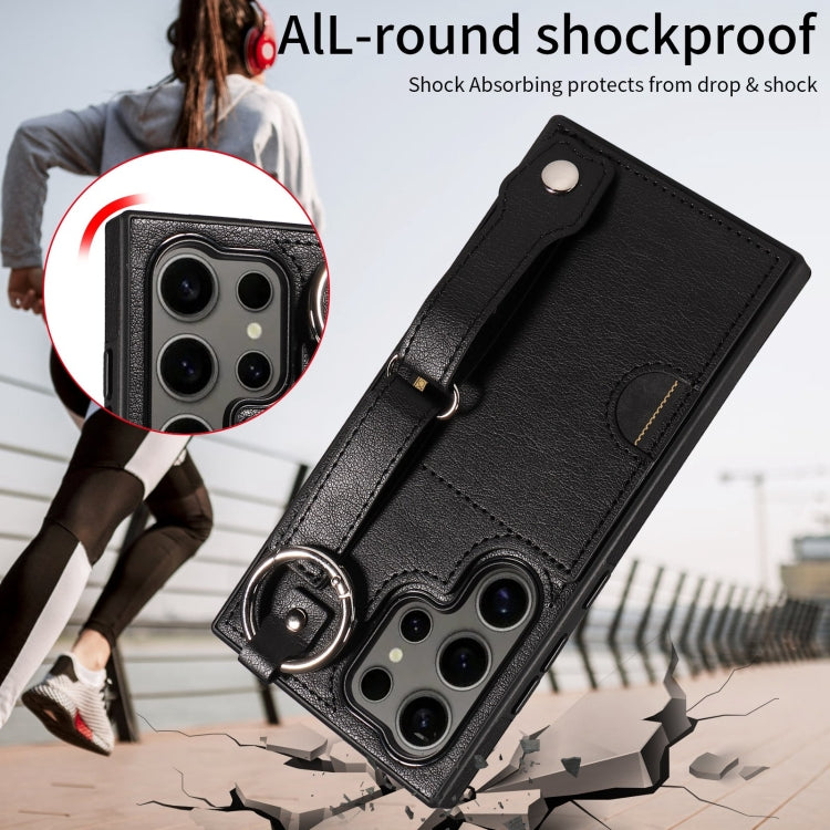 For Samsung Galaxy S24 Ultra 5G Calf Texture Wrist Card Slot Ring Phone Case(Black) - HoMEdemic™ 