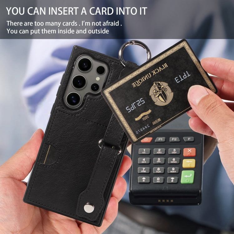 For Samsung Galaxy S24 Ultra 5G Calf Texture Wrist Card Slot Ring Phone Case(Black) - HoMEdemic™ 