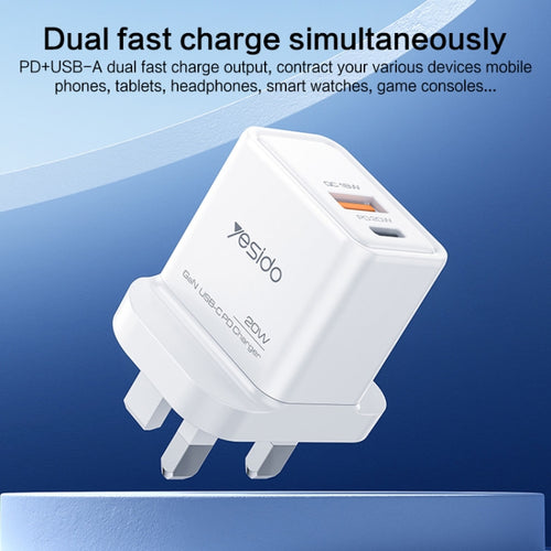 Yesido YC80 PD20W Dual Port Type-C GaN Charger, UK Plug - HoMEdemic™ 