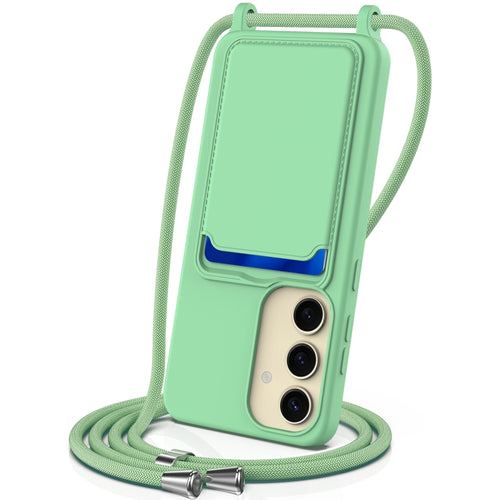 For Samsung Galaxy S24 5G Integrated Card Bag Solid Color Liquid Silicone Phone Case with Lanyard(Green) - HoMEdemic™ 