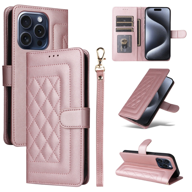 For iPhone 15 Pro Diamond Lattice Leather Flip Phone Case(Rose Gold) - HoMEdemic™ 