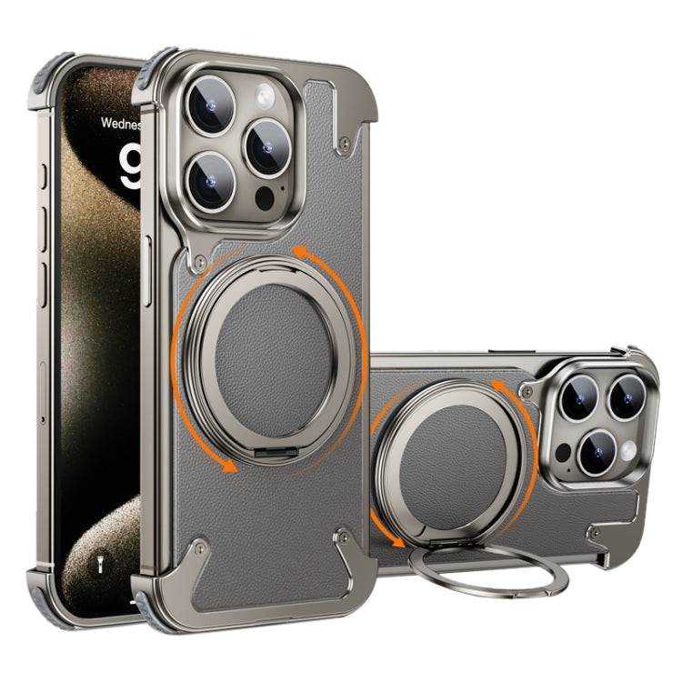 For iPhone 15 Pro 360 Degree Rotation MagSafe Stand Metal Phone Case(Leather Silver) - HoMEdemic™ 