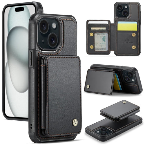 For iPhone 15 Plus JEEHOOD J05 Business Magnetic Style RFID Leather Phone Case(Black) - HoMEdemic™ 