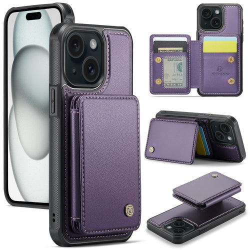 For iPhone 15 Plus JEEHOOD J05 Business Magnetic Style RFID Leather Phone Case(Purple) - HoMEdemic™ 