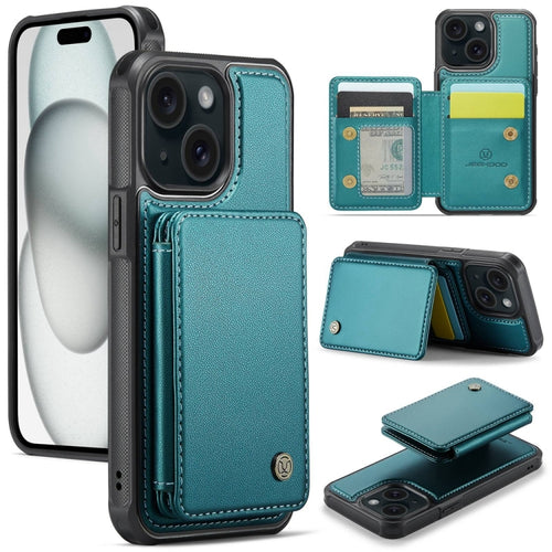 For iPhone 15 Plus JEEHOOD J05 Business Magnetic Style RFID Leather Phone Case(Blue Green) - HoMEdemic™ 