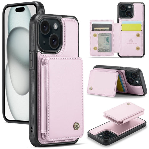 For iPhone 15 Plus JEEHOOD J05 Business Magnetic Style RFID Leather Phone Case(Pink) - HoMEdemic™ 