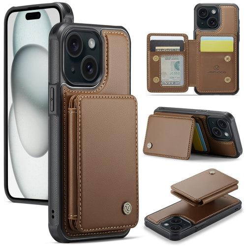 For iPhone 15 Plus JEEHOOD J05 Business Magnetic Style RFID Leather Phone Case(Brown) - HoMEdemic™ 