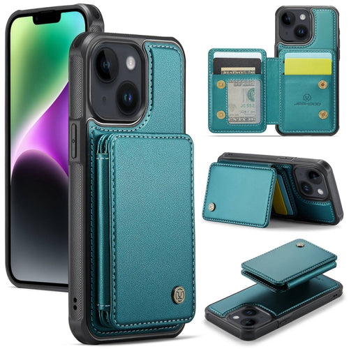 For iPhone 14 Plus JEEHOOD J05 Business Magnetic Style RFID Leather Phone Case(Blue Green) - HoMEdemic™ 