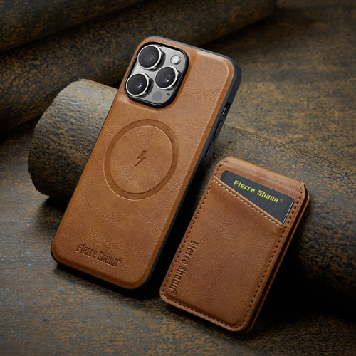 For iPhone 15 Pro Max Fierre Shann Oil Wax Cow Leather Magnetic Card Holder Phone Case(Brown) - HoMEdemic™ 