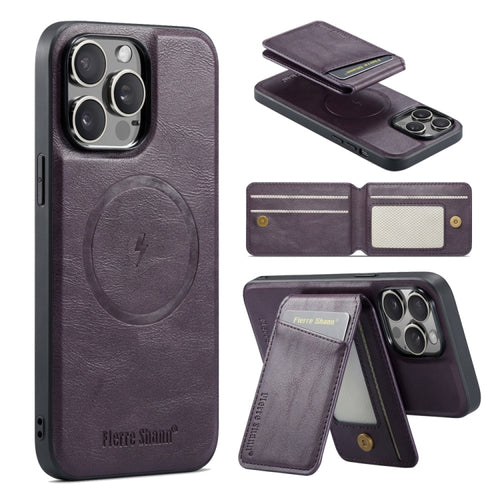 For iPhone 15 Pro Max Fierre Shann Oil Wax Cow Leather Magnetic Card Holder Phone Case(Purple) - HoMEdemic™ 