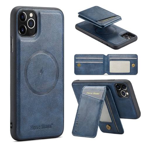 For iPhone 11 Pro Max Fierre Shann Oil Wax Cow Leather Magnetic Card Holder Phone Case(Blue) - HoMEdemic™ 