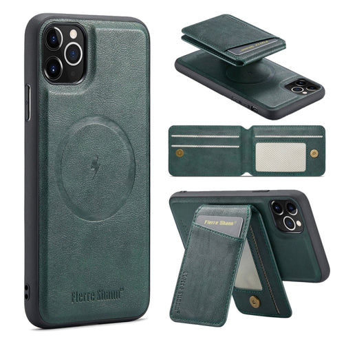 For iPhone 11 Pro Max Fierre Shann Oil Wax Cow Leather Magnetic Card Holder Phone Case(Green) - HoMEdemic™ 