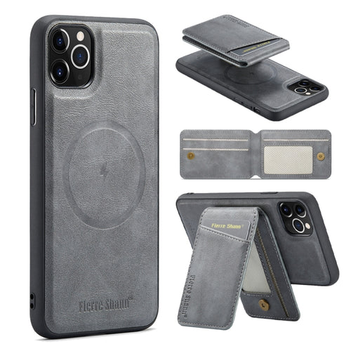 For iPhone 11 Pro Max Fierre Shann Oil Wax Cow Leather Magnetic Card Holder Phone Case(Grey) - HoMEdemic™ 