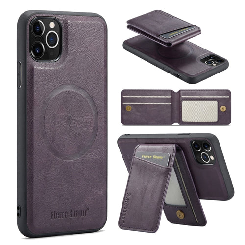 For iPhone 11 Pro Max Fierre Shann Oil Wax Cow Leather Magnetic Card Holder Phone Case(Purple) - HoMEdemic™ 