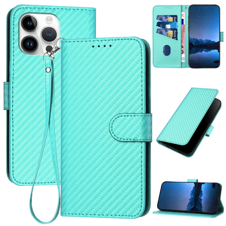 For iPhone 15 Pro Max YX0070 Carbon Fiber Buckle Leather Phone Case with Lanyard(Light Blue) - HoMEdemic™ 