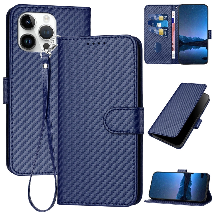 For iPhone 15 Pro Max YX0070 Carbon Fiber Buckle Leather Phone Case with Lanyard(Royal Blue) - HoMEdemic™ 