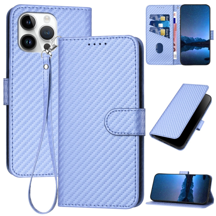 For iPhone 15 Pro Max YX0070 Carbon Fiber Buckle Leather Phone Case with Lanyard(Light Purple) - HoMEdemic™ 