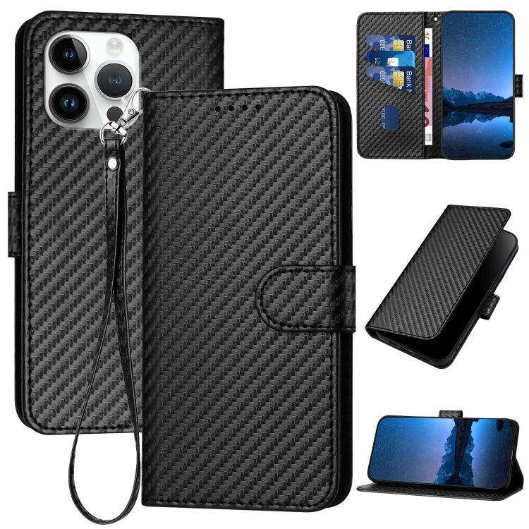 For iPhone 15 Pro Max YX0070 Carbon Fiber Buckle Leather Phone Case with Lanyard(Black) - HoMEdemic™ 